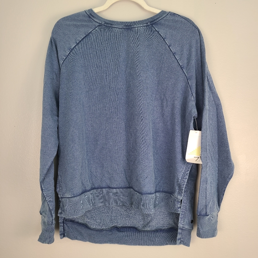 Z by Zella Warn In Blue Chambray-like Fleece Pullover Workout Athletic Sweater L